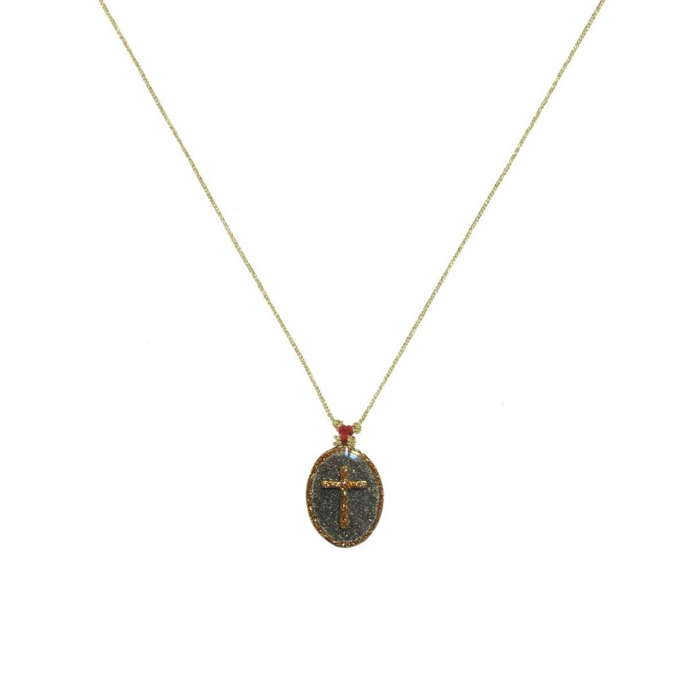 Collier médaillon Croix PM - sur émail pyrite  | Vanessa Simon