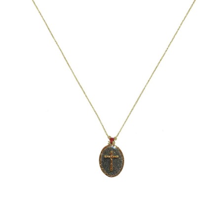 Collier médaillon Croix PM - sur émail pyrite  | Vanessa Simon