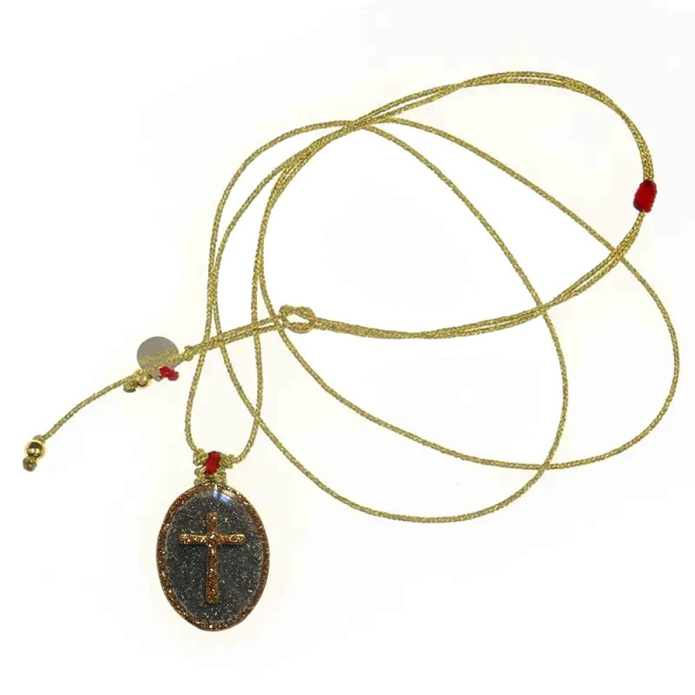 Collier médaillon Croix PM - sur émail pyrite  | Vanessa Simon
