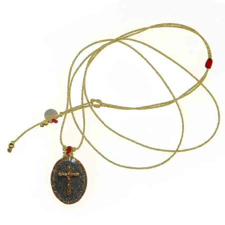 Collier médaillon Croix PM - sur émail pyrite  | Vanessa Simon